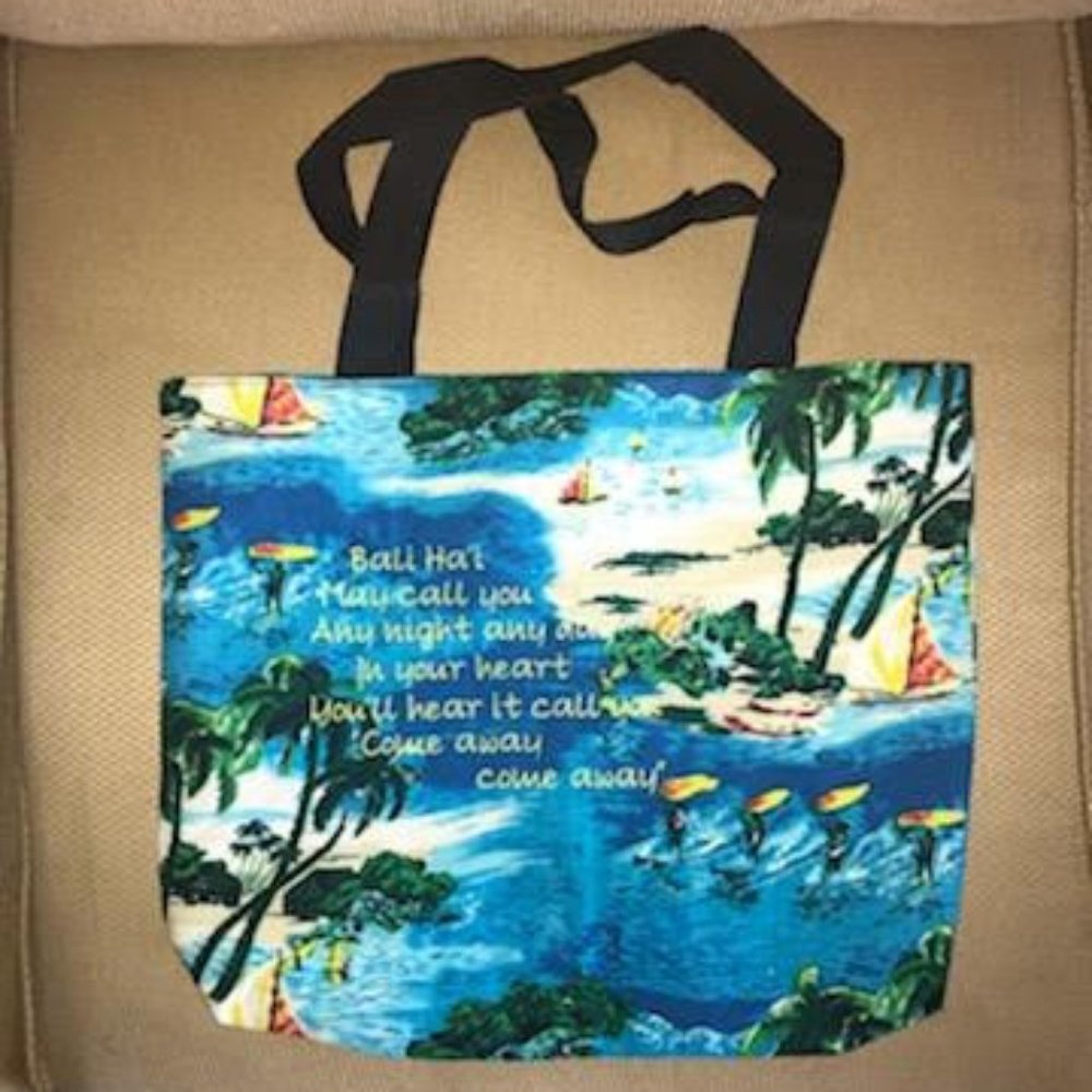 Bali Ha'i Partial Lyrics from South Pacific song embroidered on print tote